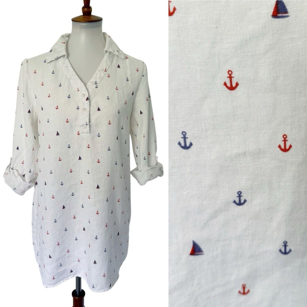 For Cynthia Beachwear Swimsuit Cover Up Anchor Boat Motif Size Small 100% Linen